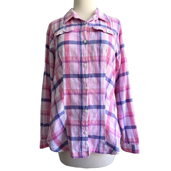 Small Columbia Cotton Plaid Button Down Roll-Tab sleeve Shirt Blouse Top - Picture 1 of 6